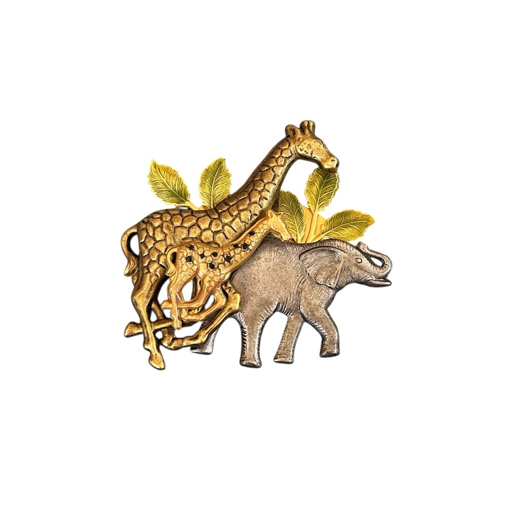 Vintage Giraffes & Elephant Mixed Metal Safari Brooch 3D Pin Statement Brooched